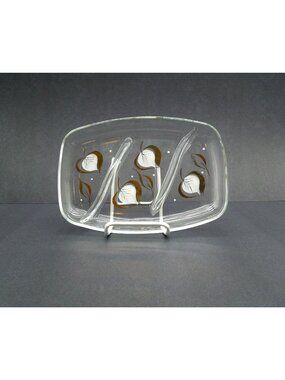 Leaf Divided Relish Dish Glass Anchor Hocking style USA Vintage-US Duties Prepai